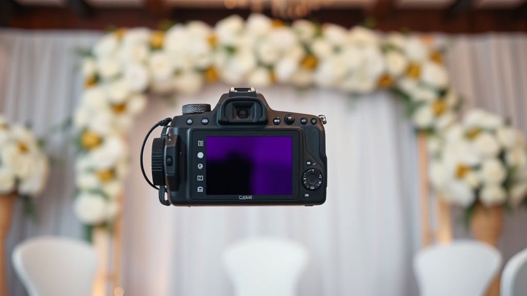 Professional camera with soft bokeh wedding decoration in background, elegant white and gold florals, romantic soft ligh