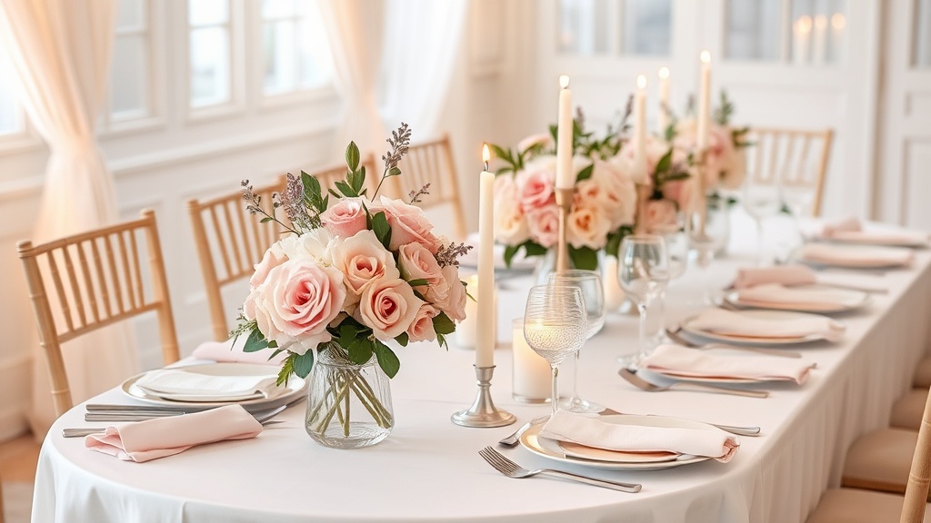 Wedding table setting with soft pink flowers, candles and elegant tableware, romantic pastel tones, no people, no text