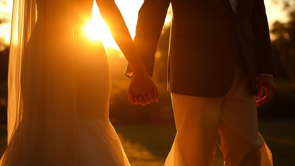 Bride and groom silhouette holding hands in golden hour light, romantic outdoor wedding scene, soft warm tones, no visib
