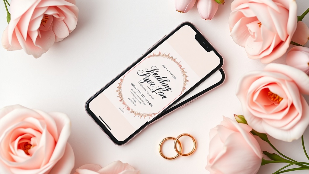 Elegant flat lay of a smartphone displaying a wedding invitation design, surrounded by soft pink flowers and gold rings,