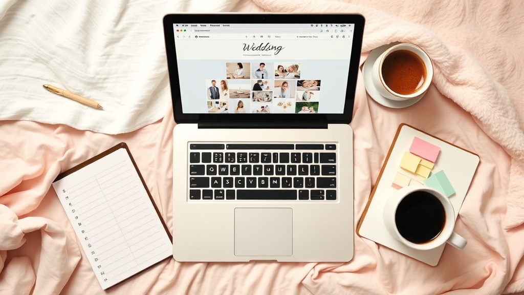 Cozy workspace with laptop showing wedding planning app, notebook, coffee cup, and pastel colored sticky notes, soft pin