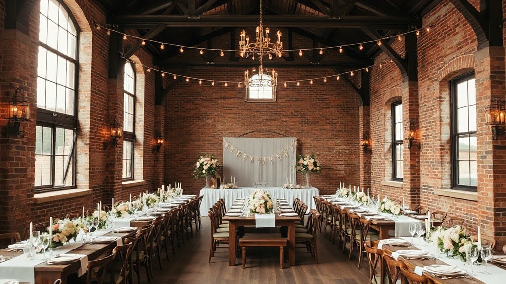 Elegant industrial wedding venue with exposed brick walls, string lights, soft pink florals, wooden tables, romantic amb