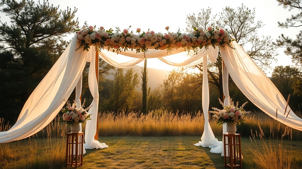 Romantic outdoor wedding ceremony setup in nature, soft flowing fabric arch, pink and white flowers, golden hour lightin