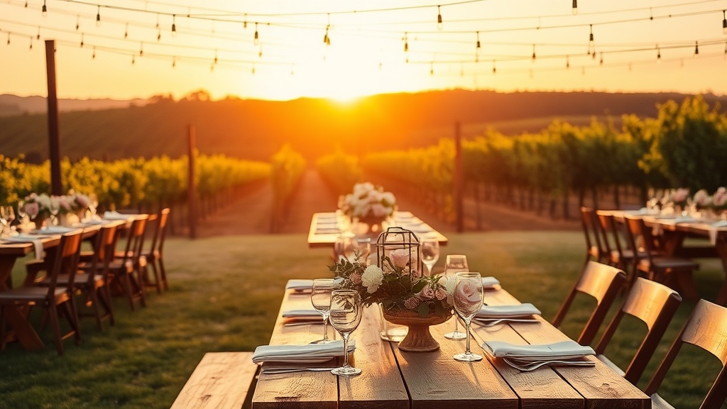 Elegant vineyard wedding venue at golden hour, rustic wooden tables with soft pink florals, string lights, warm romantic