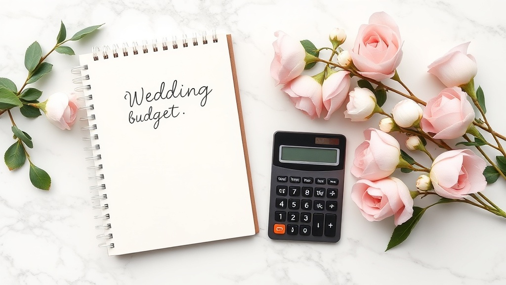 Flat lay of a wedding budget notebook, calculator, and soft pink flowers on a marble table, elegant style, soft pink whi