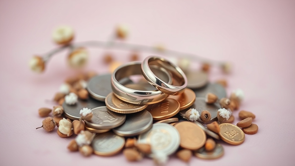 Soft focus photo of wedding rings resting on a small pile of coins and dried flowers, minimal elegant composition, paste