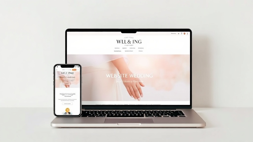 A soft laptop and smartphone displaying a minimalist wedding website mockup, elegant wedding style, soft pink and gold t