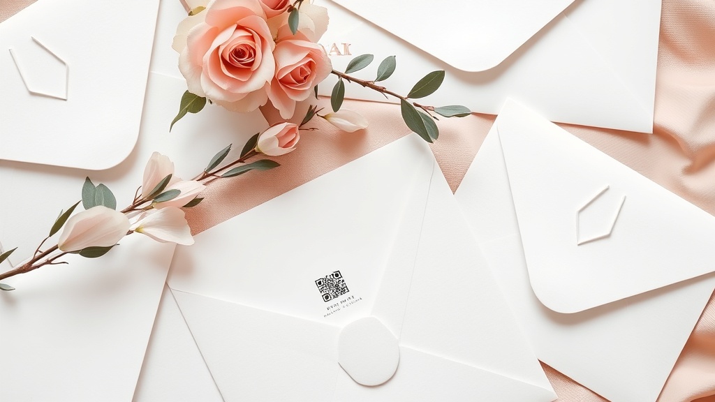 A cozy flat lay of wedding invitation envelopes with a small QR code detail, soft white and blush tones, elegant minimal