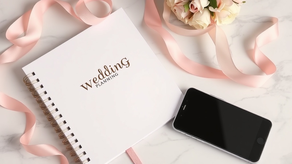 Soft-focus flat lay of a wedding planning notebook, pastel ribbons, and a smartphone on a marble table, elegant minimali