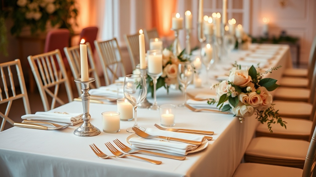 Elegant wedding table setting with soft candlelight, blush florals, and gold cutlery, romantic ambience, no people, past
