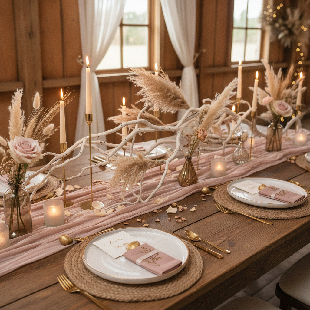 Elegant wedding table setting with organic branch centerpiece, dried grasses, soft candlelight, minimalist rustic style,