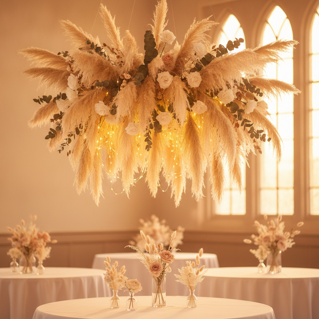 Delicate hanging dried flower installation from ceiling, soft pampas grass, elegant reception decor, warm golden lightin