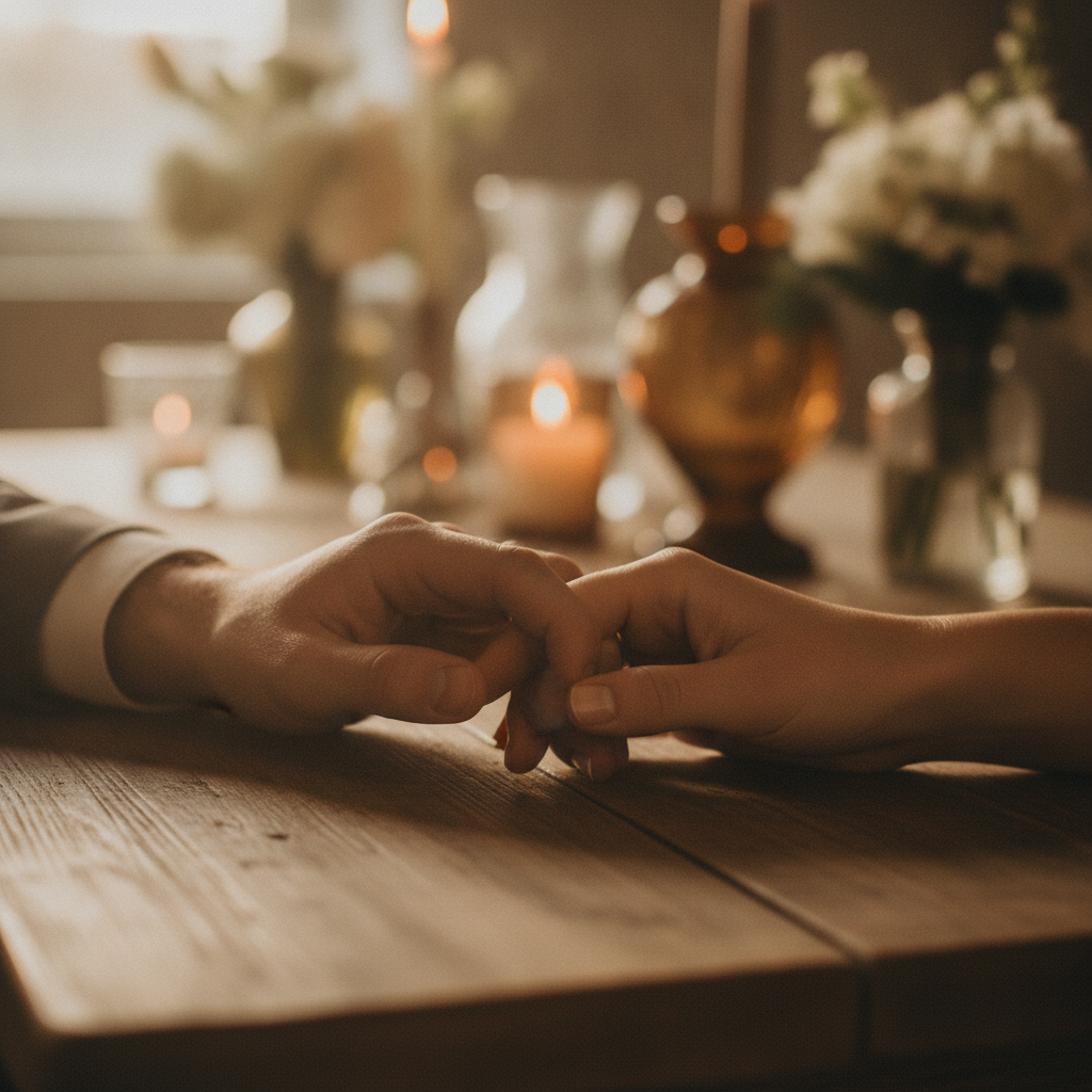 A couple's hands loosely intertwined resting on a wooden table with soft golden afternoon light, blurred wedding decor i
