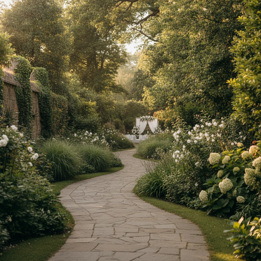 A quiet outdoor pathway lined with greenery at golden hour, soft sunlight filtering through trees, empty and peaceful, s