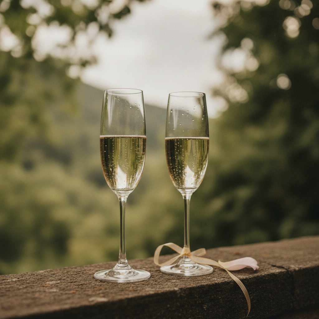 Two glasses of champagne on a stone ledge outdoors with blurred greenery background, soft natural light, minimal composi