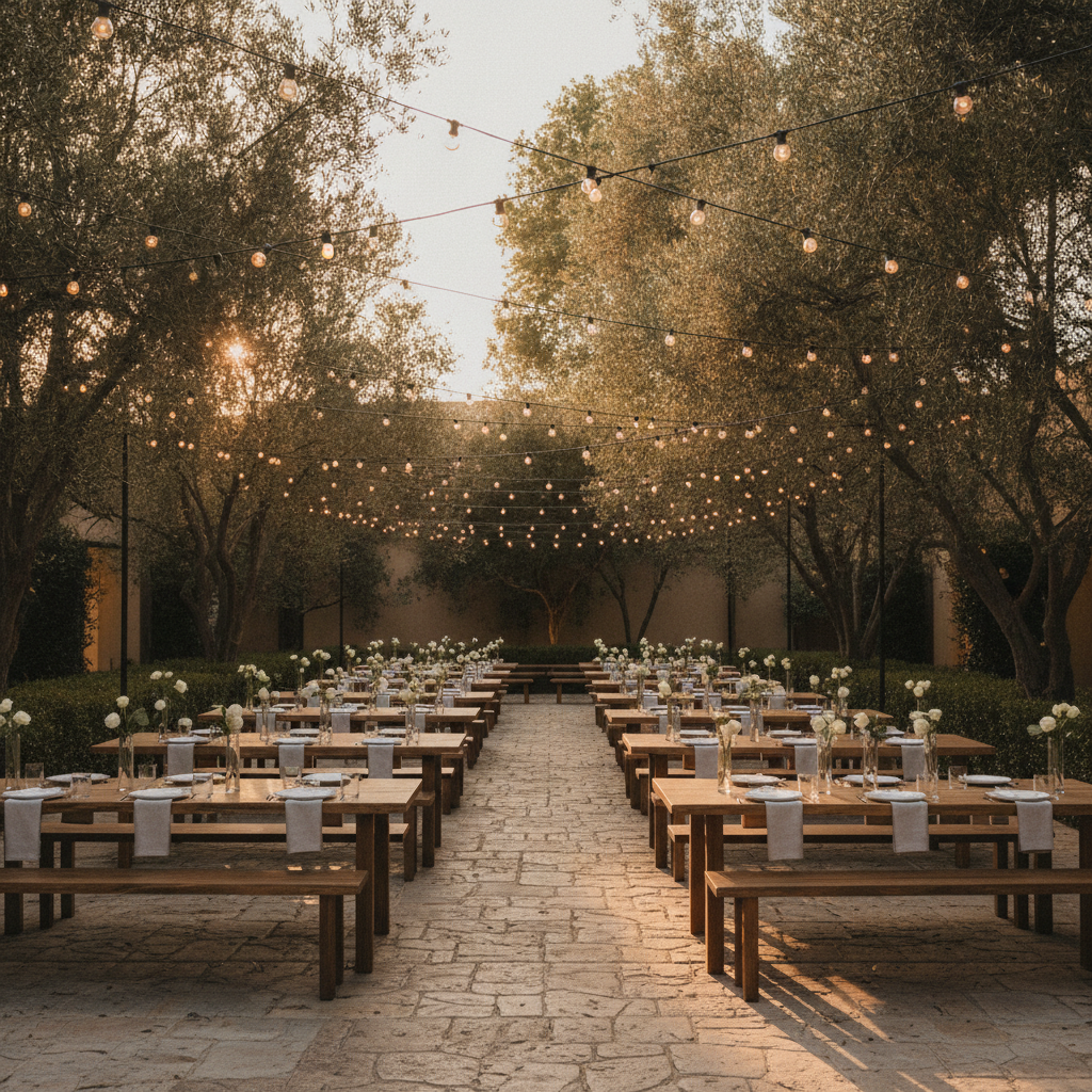 A wedding venue courtyard with string lights being tested at dusk, empty wooden tables set up, soft golden hour light fi