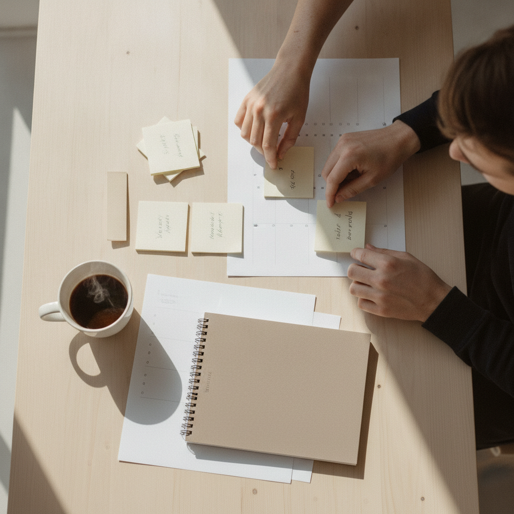 A couple's hands sorting through wedding planning notes, sticky notes, and a budget notebook on a wooden table, morning 