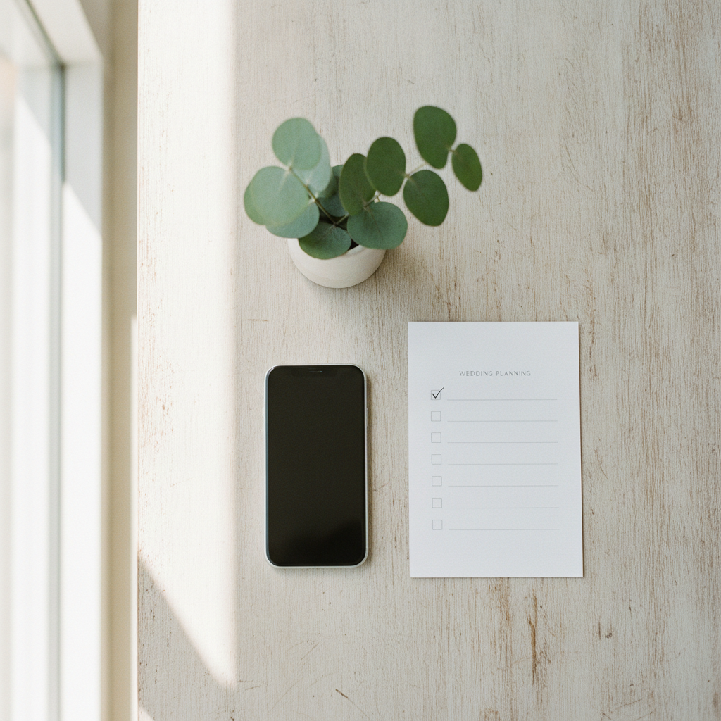 A smartphone lying on a rustic table next to a wedding planning checklist and a small potted eucalyptus branch, soft day