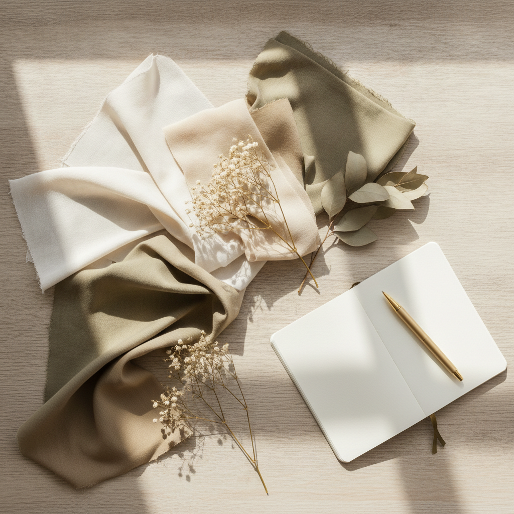 Flat lay of wedding planning items on a wooden table - fabric swatches, a small notebook, dried flowers, and a pen, soft