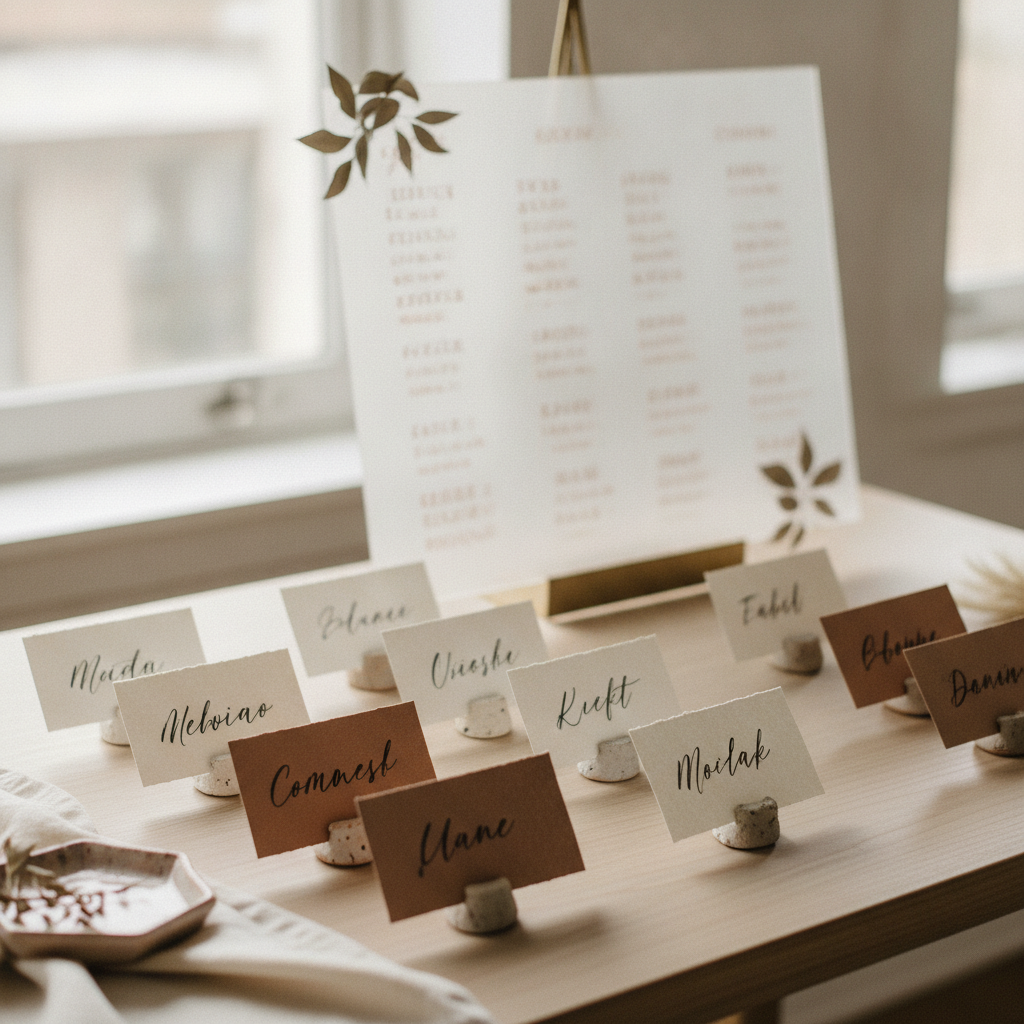 Close-up of a wedding seating chart and guest name cards arranged neatly on a table, soft daylight from a nearby window,
