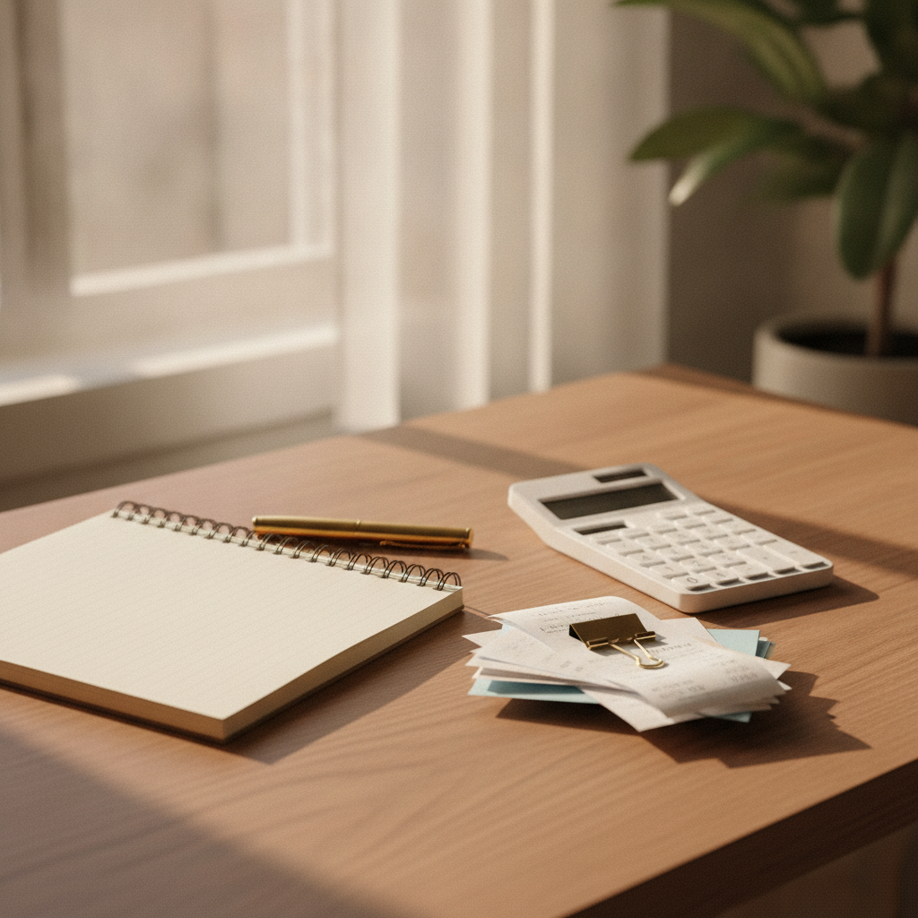 A neat desk with a notebook, calculator, pen and a small stack of receipts, warm natural window light, minimal compositi