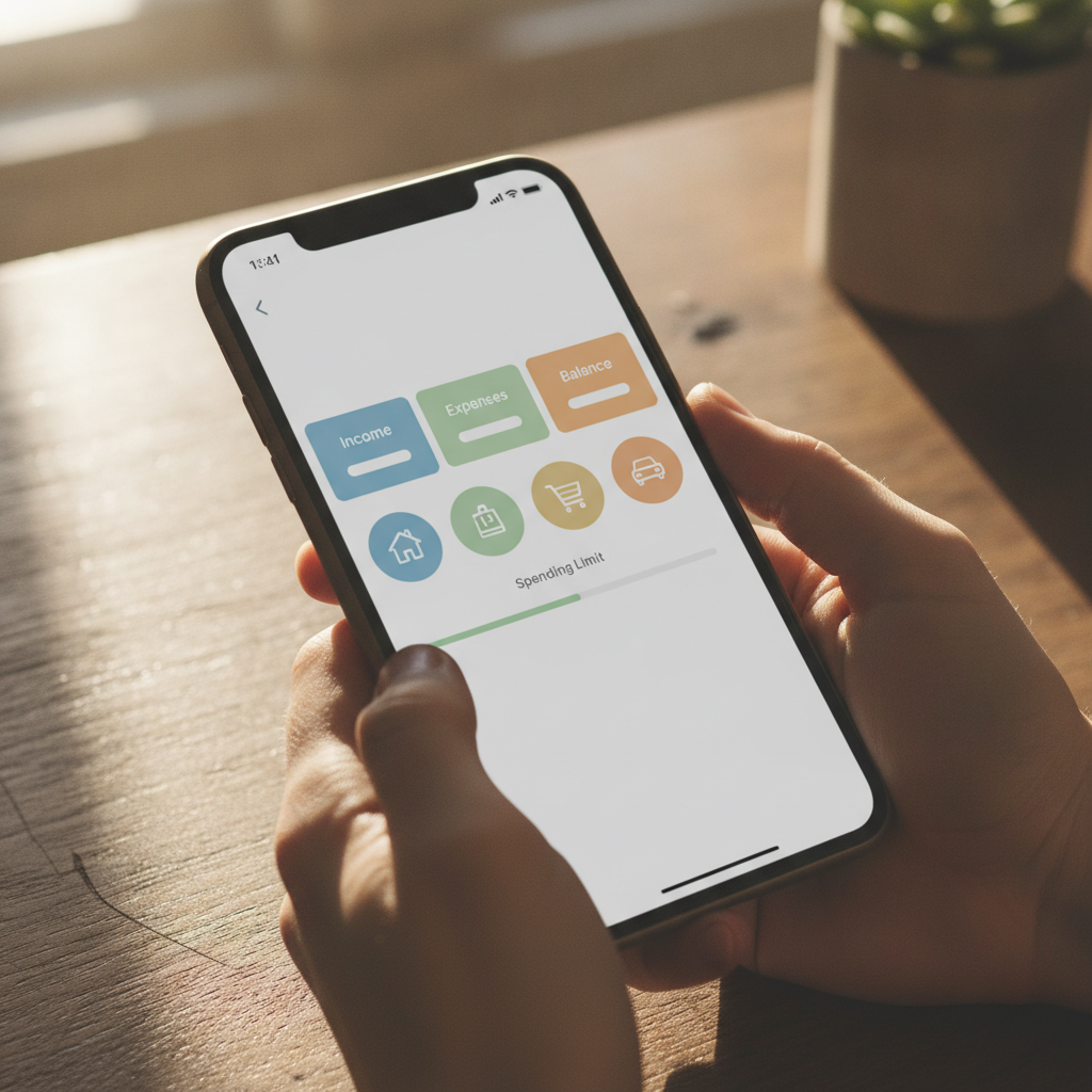 A couple's hands not visible, instead focus on a smartphone screen showing a simple budget app interface on a wooden tab