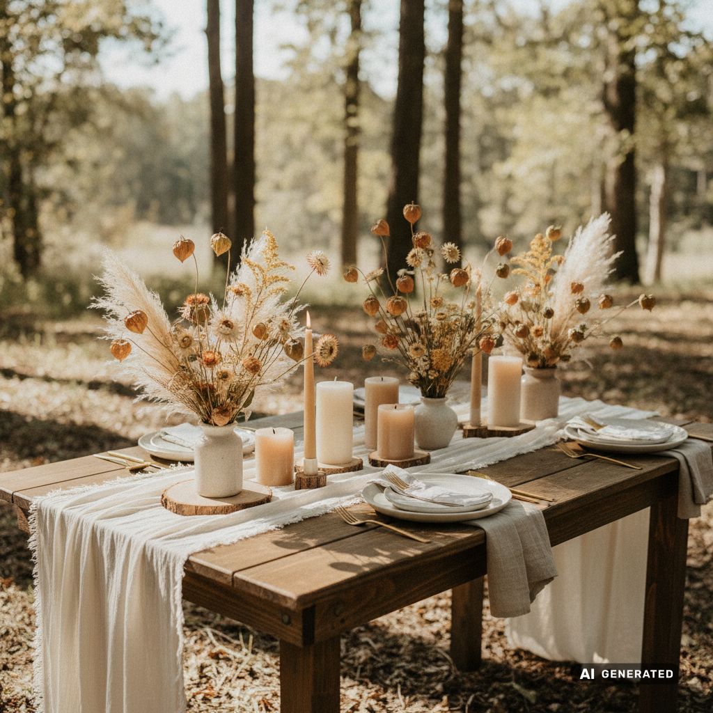 Rustic wooden table set outdoors with dried wildflower centerpieces, linen table runner, uneven-height candles, natural 