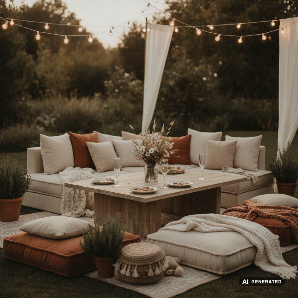 Cozy outdoor lounge corner with floor cushions, low wooden table, string lights softly glowing at dusk, relaxed garden w