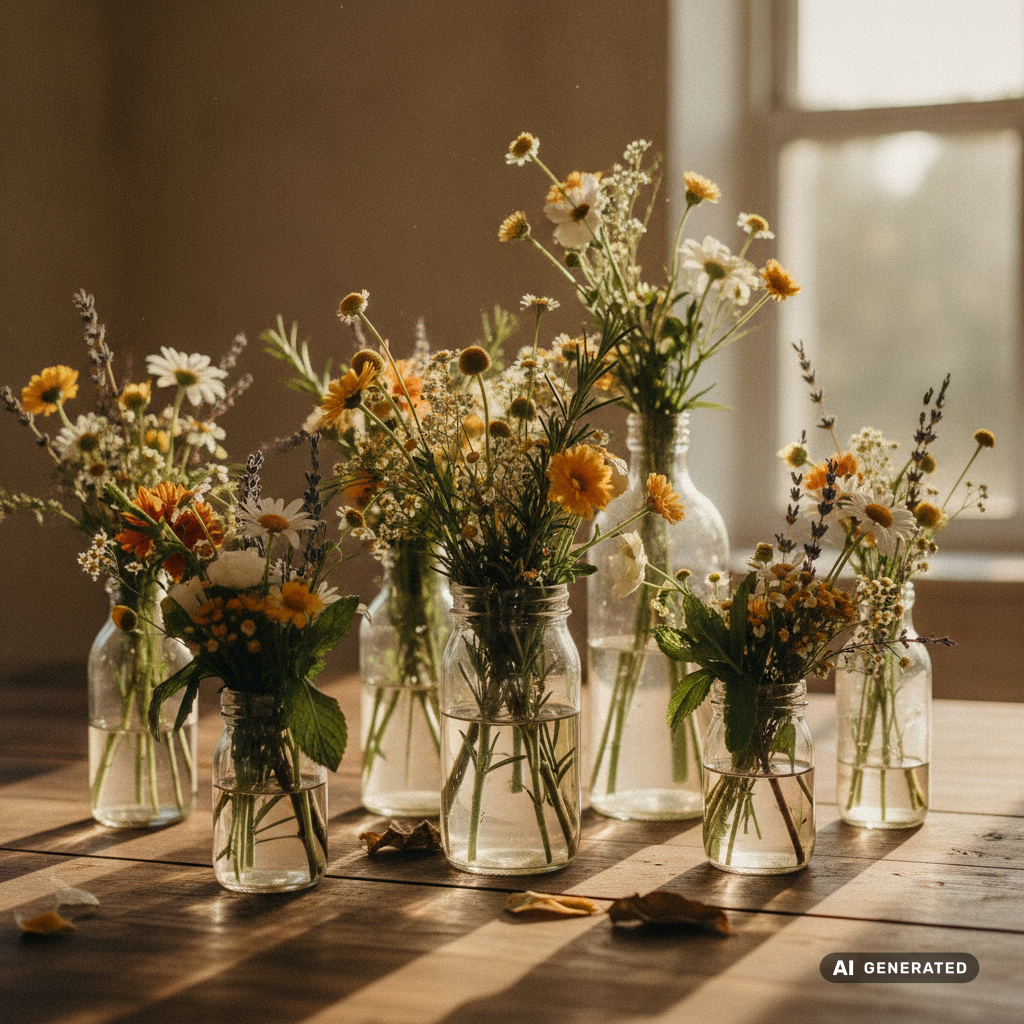 Sustainable wedding decor detail shot with reused glass vases, seasonal wildflowers, herb sprigs on rustic table, warm a