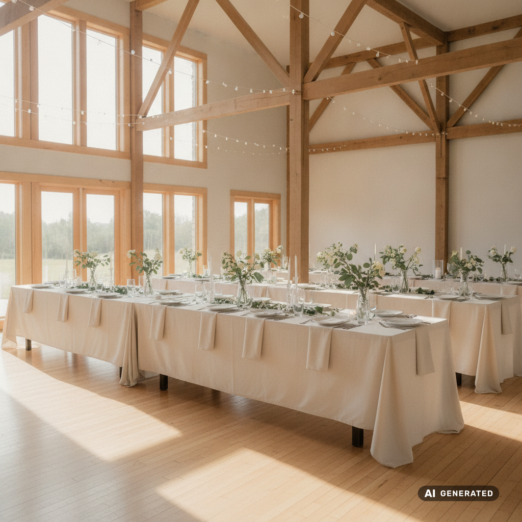 A bright, airy barn wedding venue interior with large windows, wooden beams, string lights not yet lit, empty long table