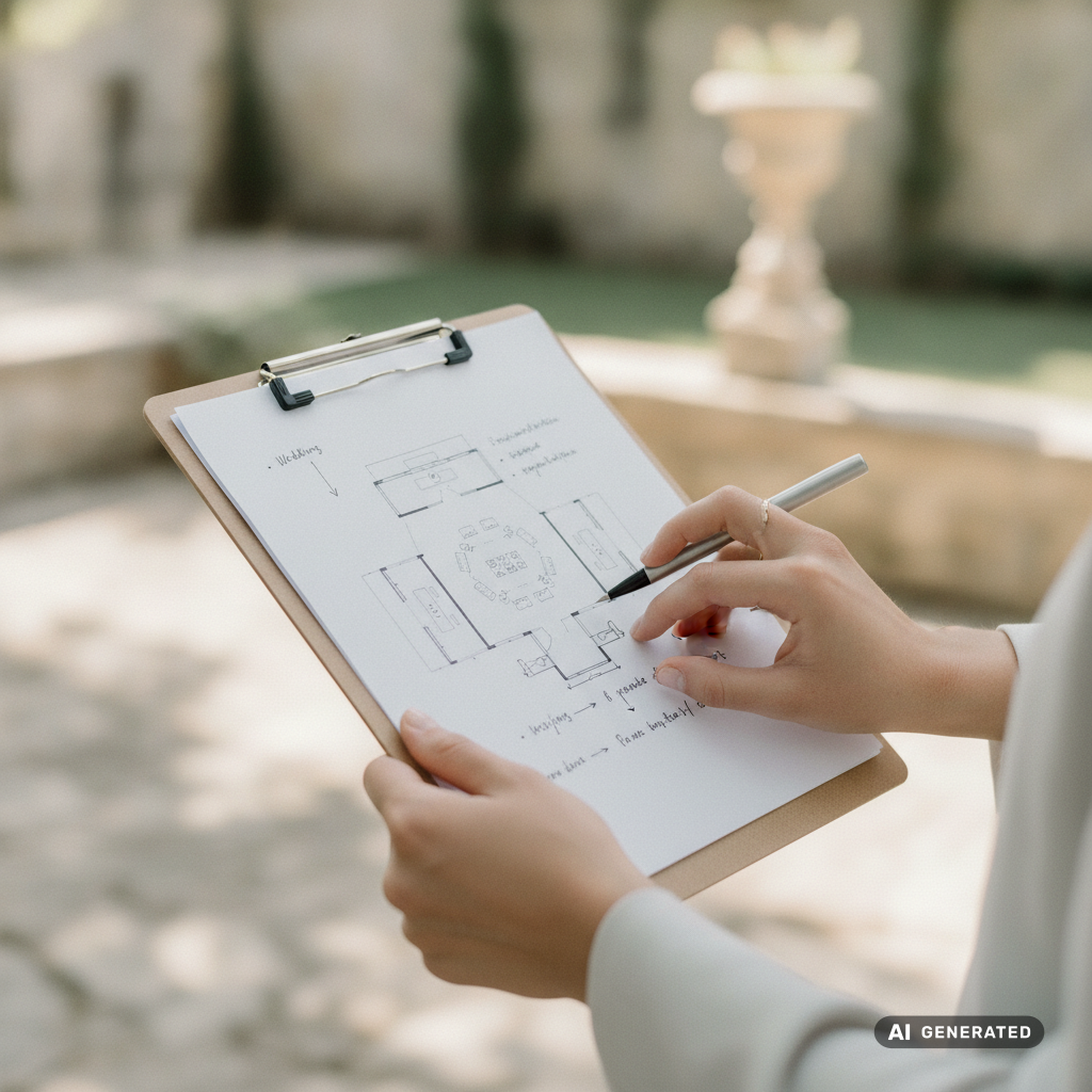 Close-up of a couple's hands reviewing a venue floor plan and notes on a clipboard outdoors, natural sunlight, minimal s