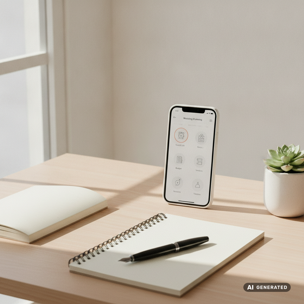 A clean minimalist desk setup with a smartphone displaying a wedding planning app, notebook, pen, and a small potted pla