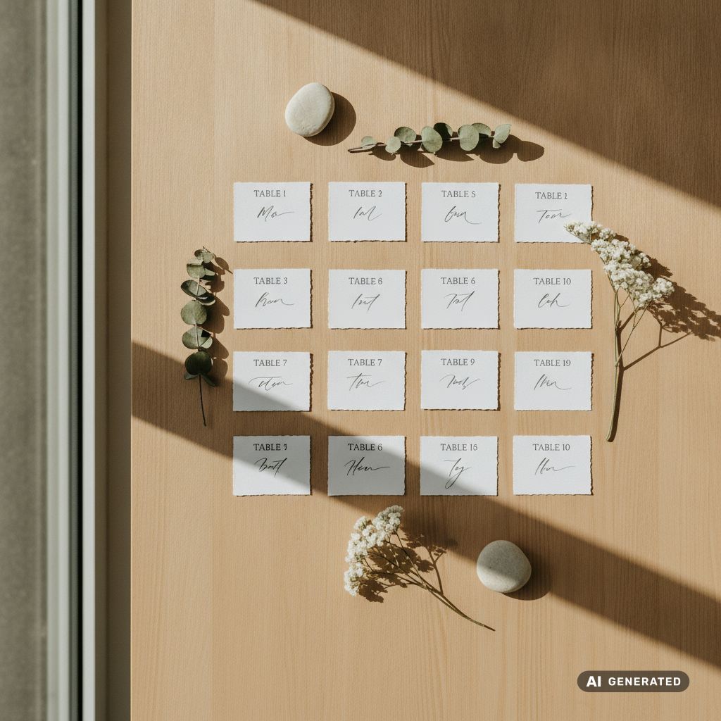 An overhead shot of a wedding seating chart mockup with small table cards and name tags arranged on a bright wooden tabl