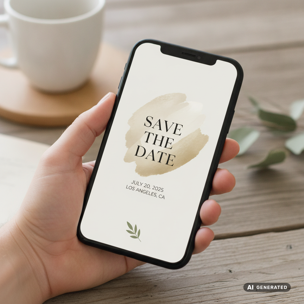 A hand holding a smartphone displaying a wedding website interface with a save-the-date design, soft daylight, wooden ta