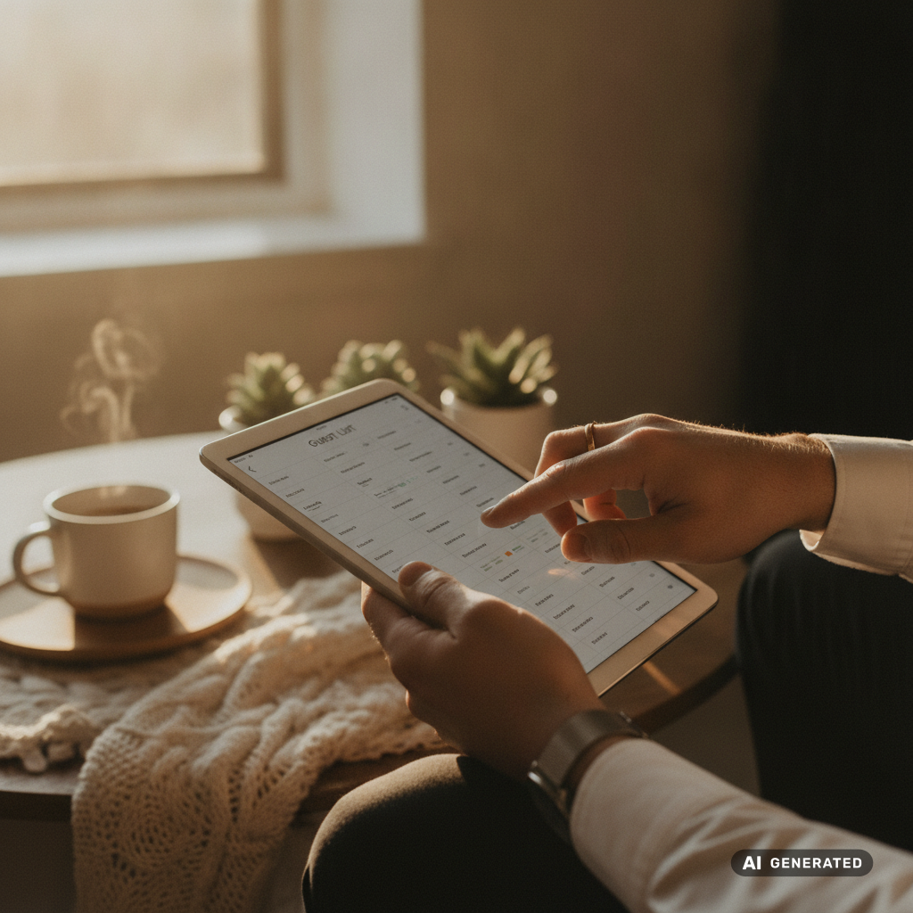 Close-up of a couple's hands scrolling through a wedding guest list app on a tablet, warm morning light, cozy home setti